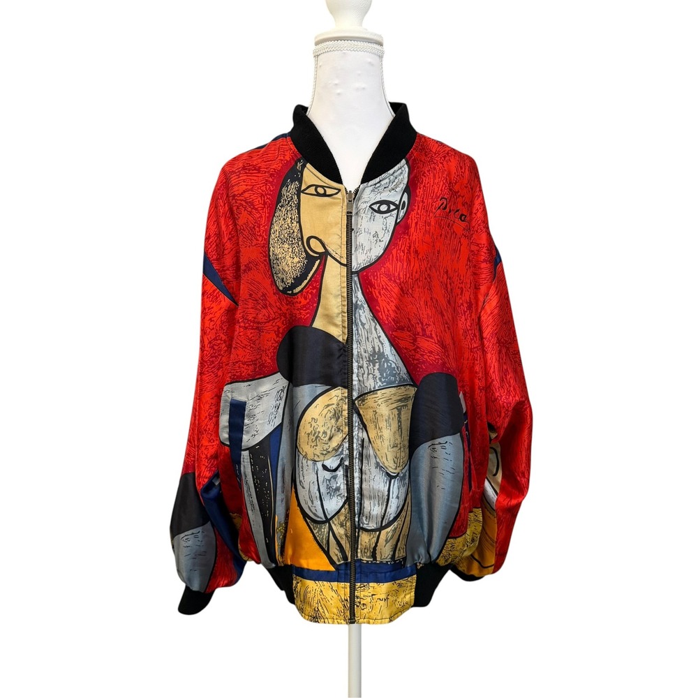 Vintage Picasso Style Silky Bomber Jacket XL Eclectic Bold Cubist Art to Wear